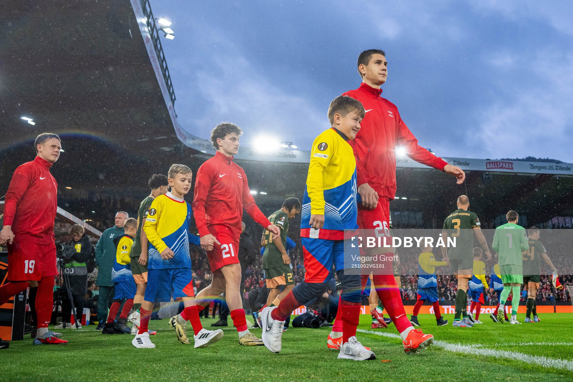 Eivind Helland of Brann enters the pitch