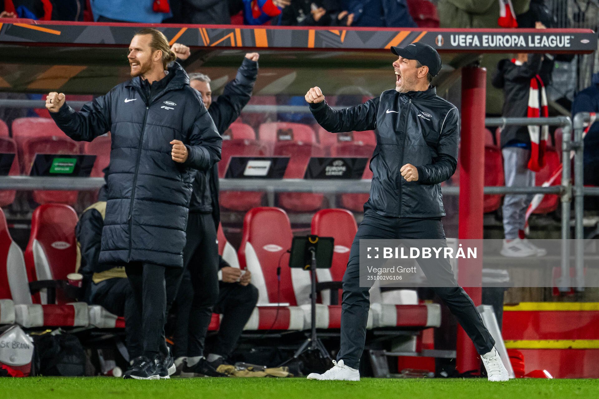 Freyr Alexandersson, head coach of Brann, celebrates at the