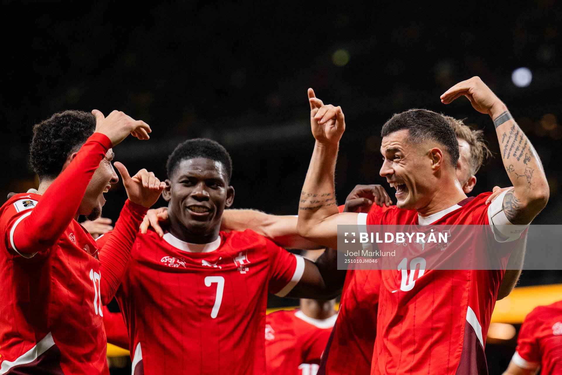 Ruben Vargas, Breel Embolo, and Granit Xhaka of Switzerland