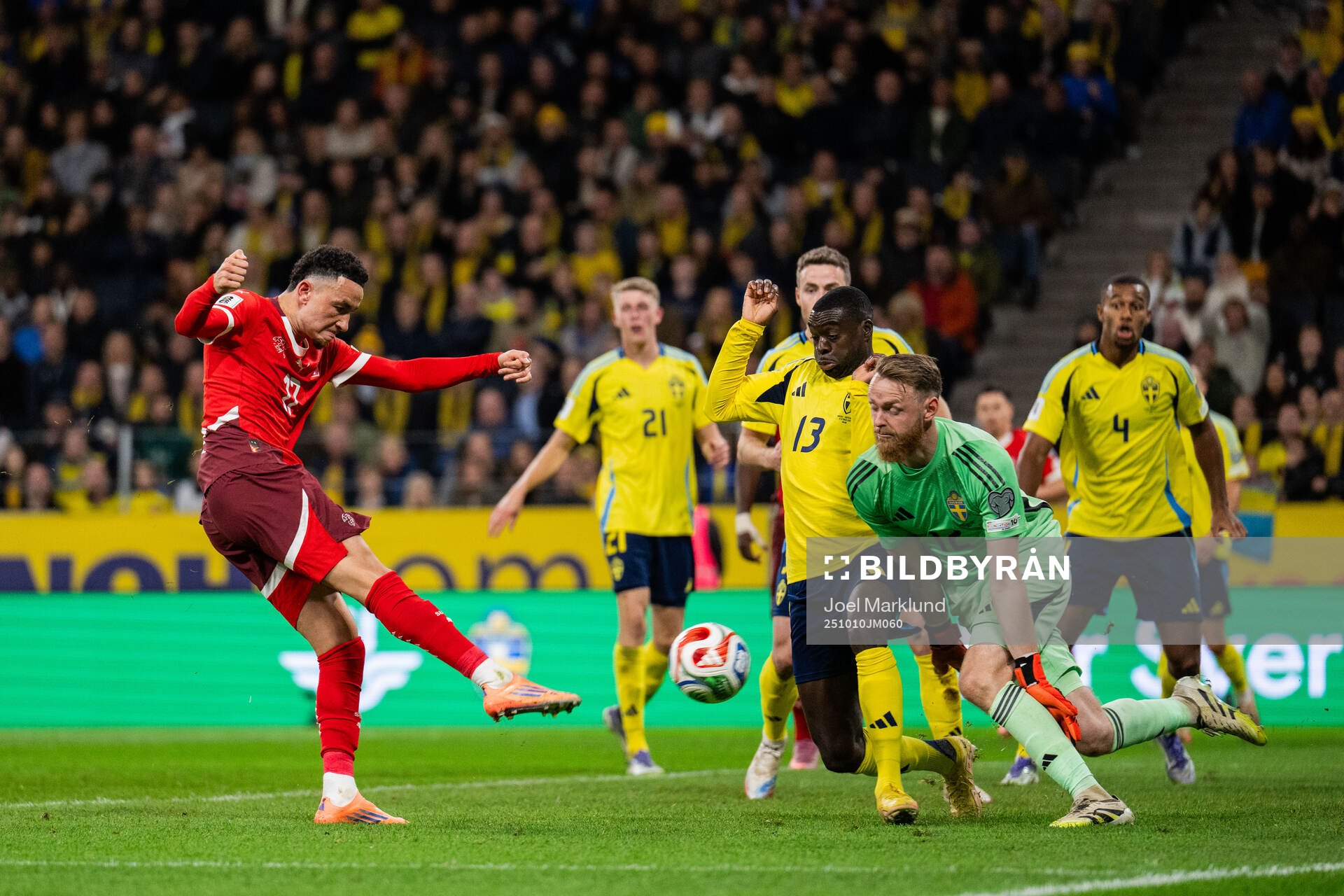 Ruben Vargas of Switzerland against Ken Sema and goalkeeper