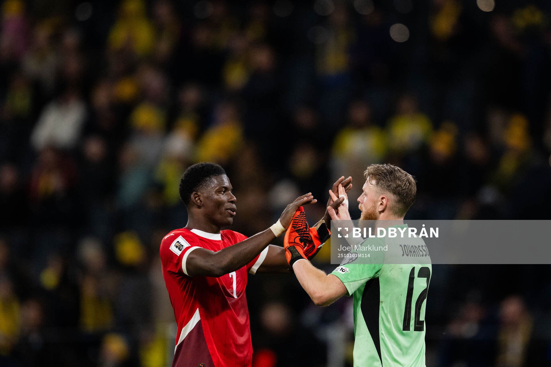 Breel Embolo of Switzerland and goalkeeper Viktor Johansson