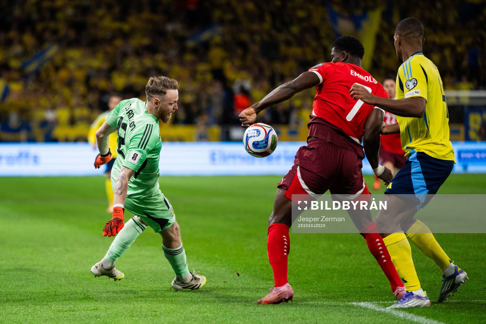 Goalkeeper Viktor Johansson and Isak Hien of Sweden and