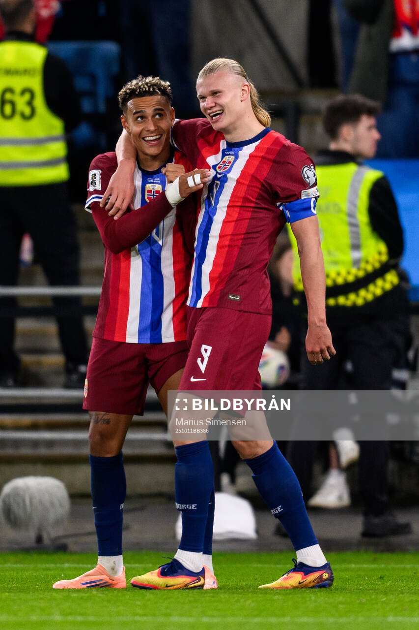 Antonio Nusa and Erling Braut Haaland of Norway celebrate