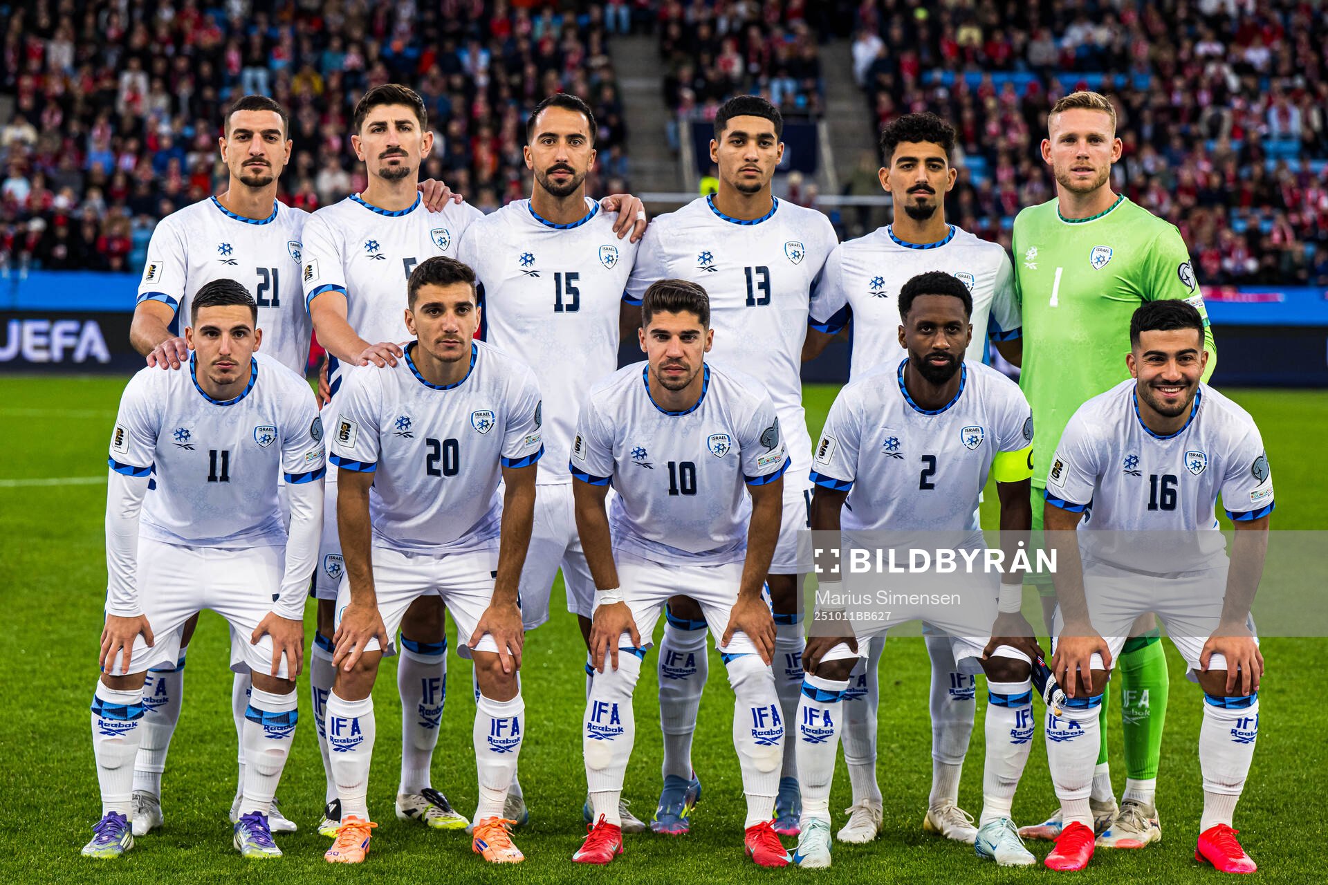 The starting eleven of Israel, from the top left; Or