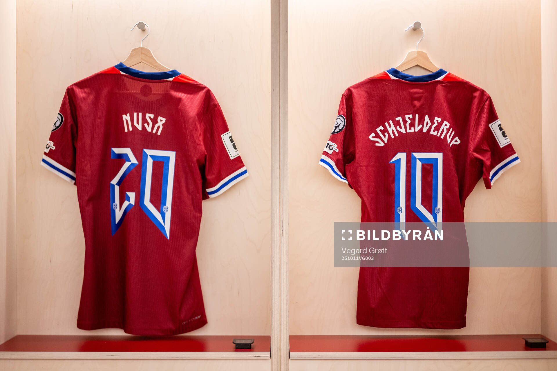 The kits of Antonio Nusa and Andreas Schjelderup of Norway
