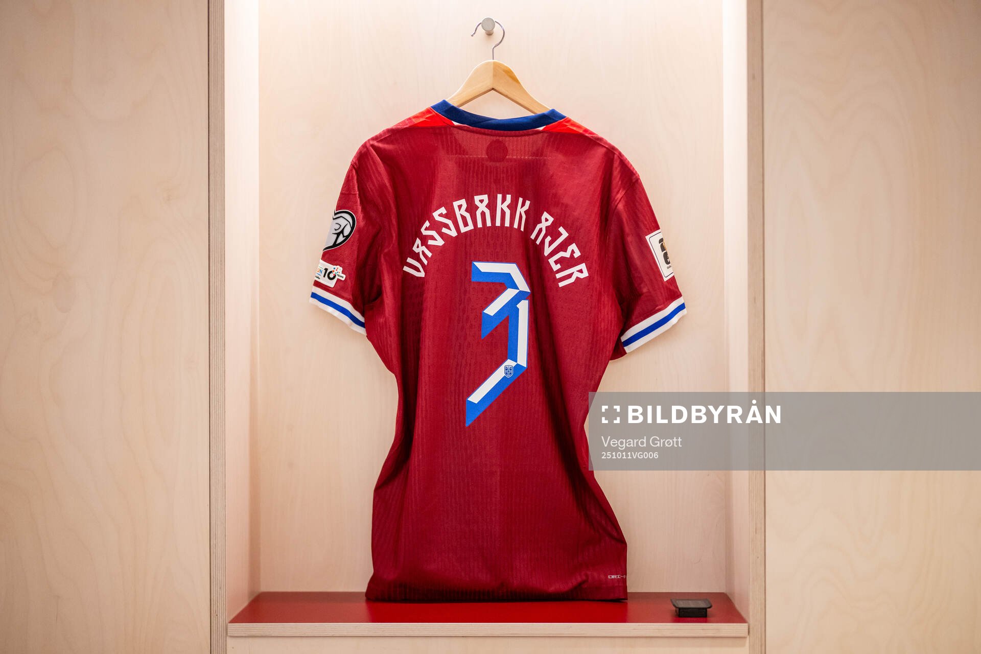 The kit of Kristoffer Ajer of Norway in the dressing room