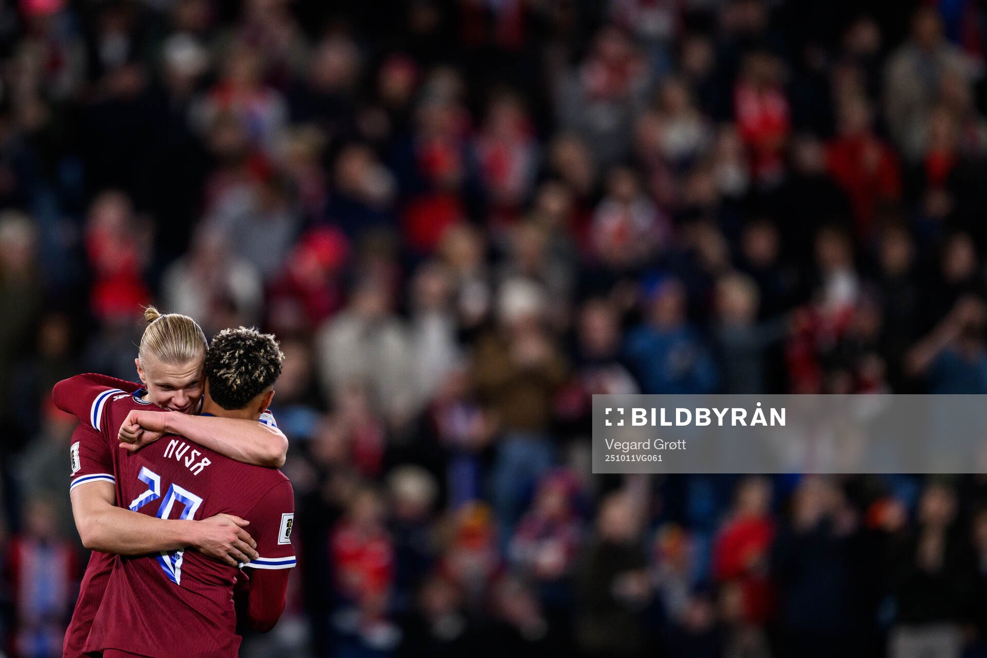 Erling Braut Haaland celebrates with Antonio Nusa of Norway
