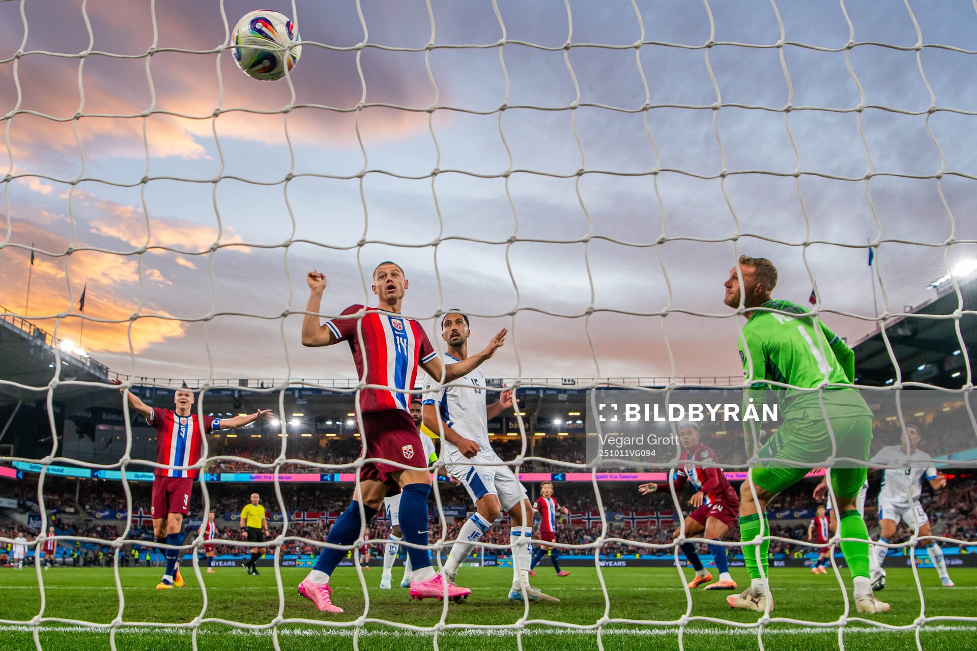 Antonio Nusa of Norway scores the 1-0 goal while Julian