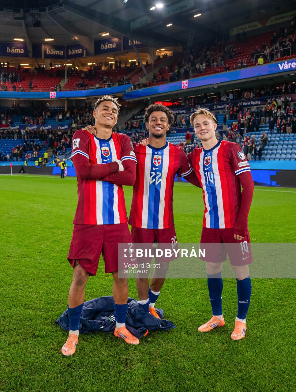 Antonio Nusa, Oscar Bobb and Andreas Schjelderup of Norway