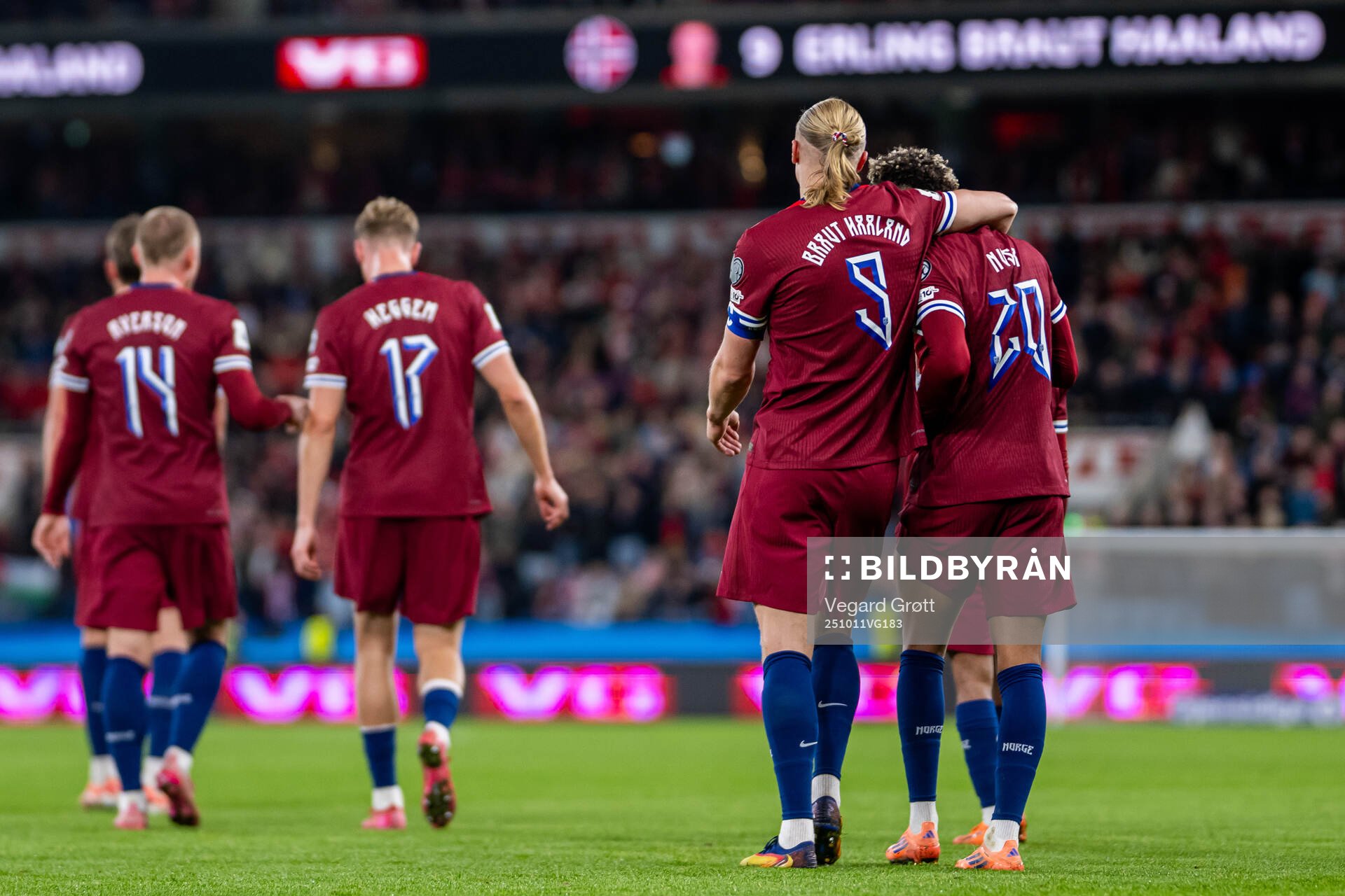 Erling Braut Haaland of Norway celebrates with Antonio Nusa