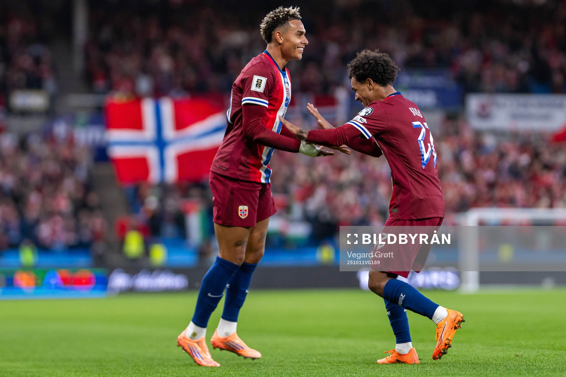Antonio Nusa of Norway celebrates with teammate Oscar Bobb
