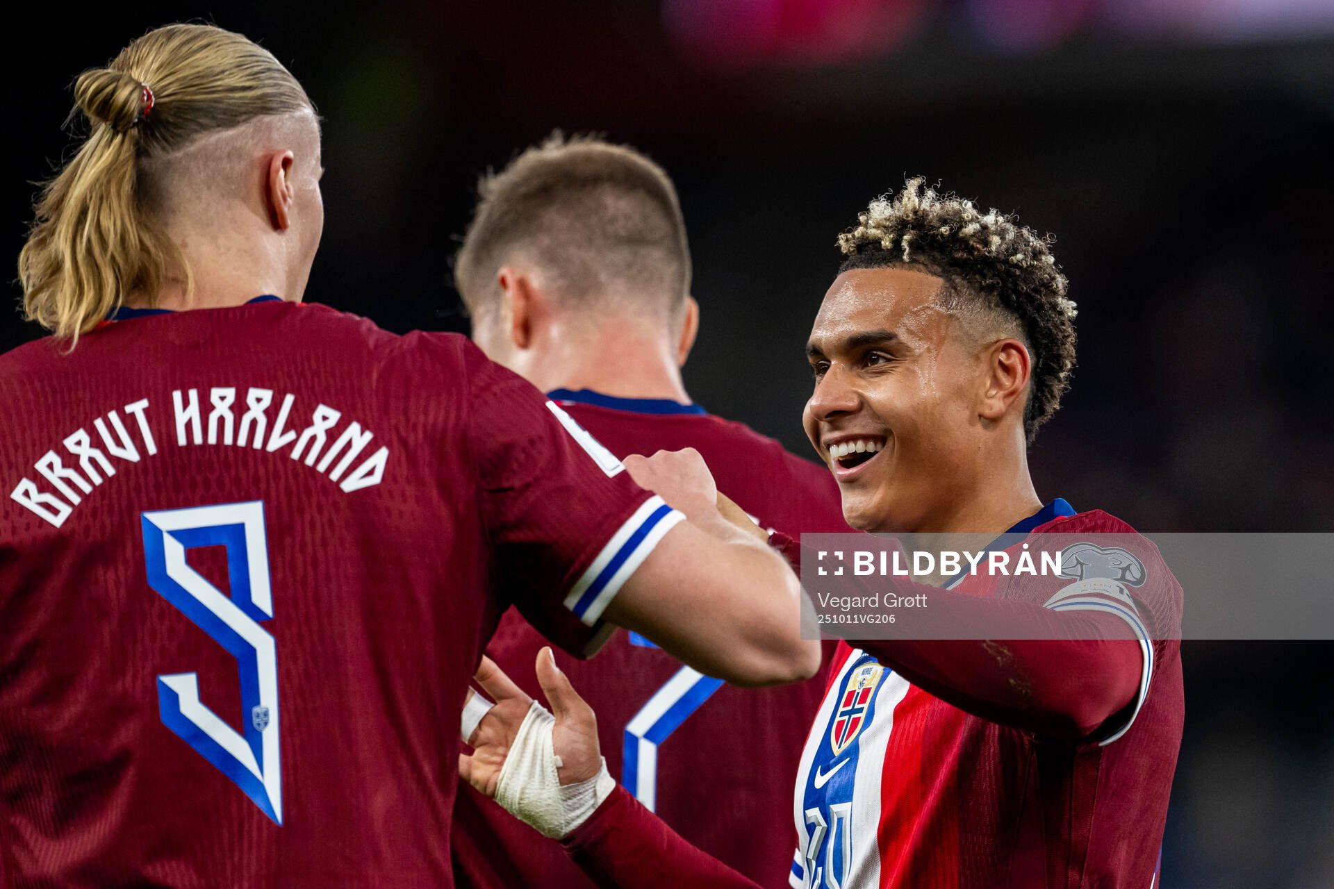 Erling Braut Haaland of Norway celebrates with Antonio Nusa