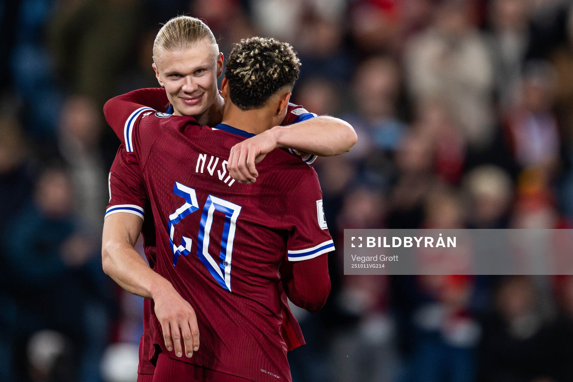 Erling Braut Haaland celebrates with Antonio Nusa of Norway
