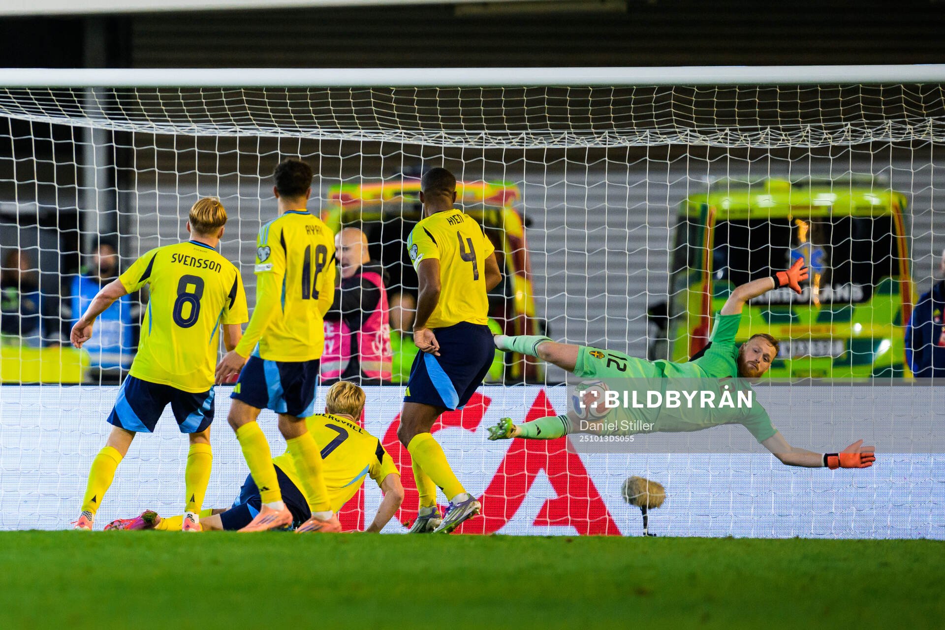 Goalkeeper Viktor Johansson of Sweden with a save