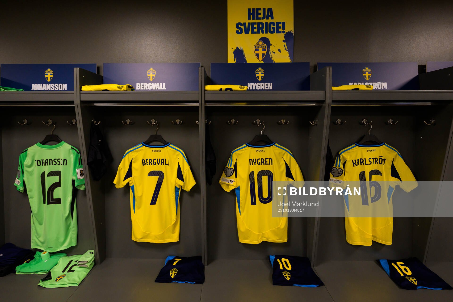 The jerseys of goalkeeper Viktor Johansson, Lucas Bergvall,