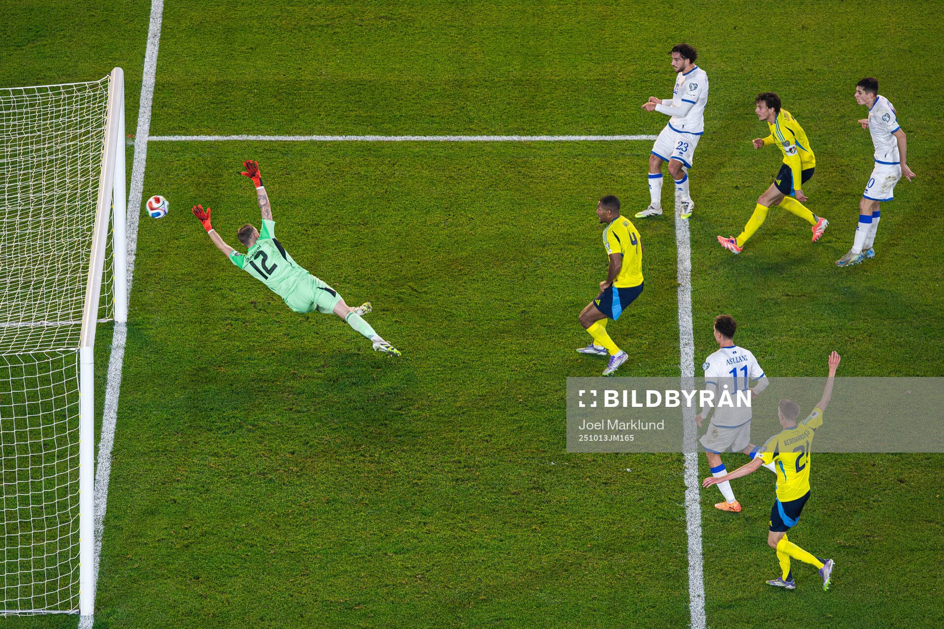 Leon Avdullahu of Kosovo shoots the ball in the goal post