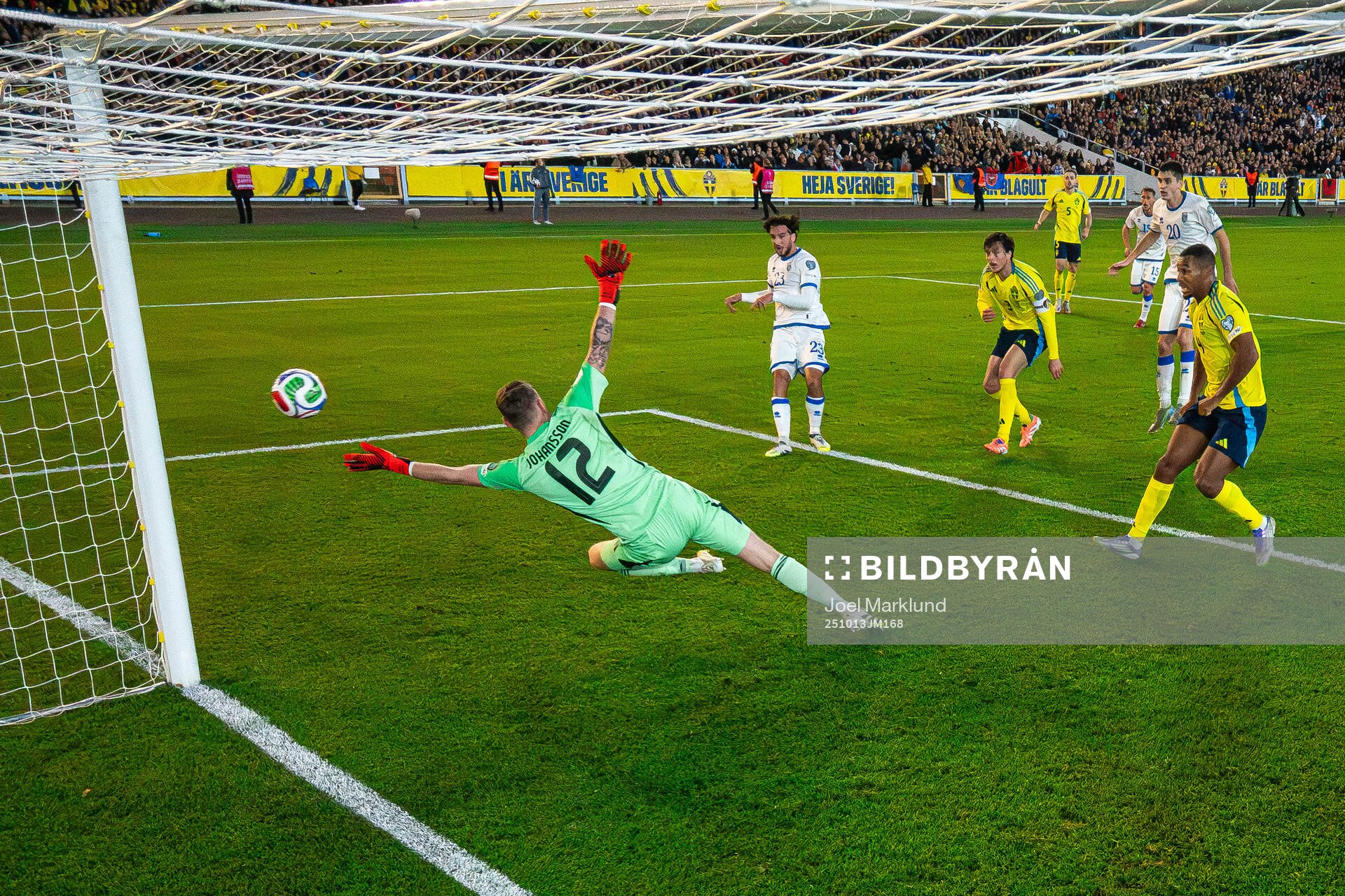Leon Avdullahu of Kosovo shoots the ball in the goal post