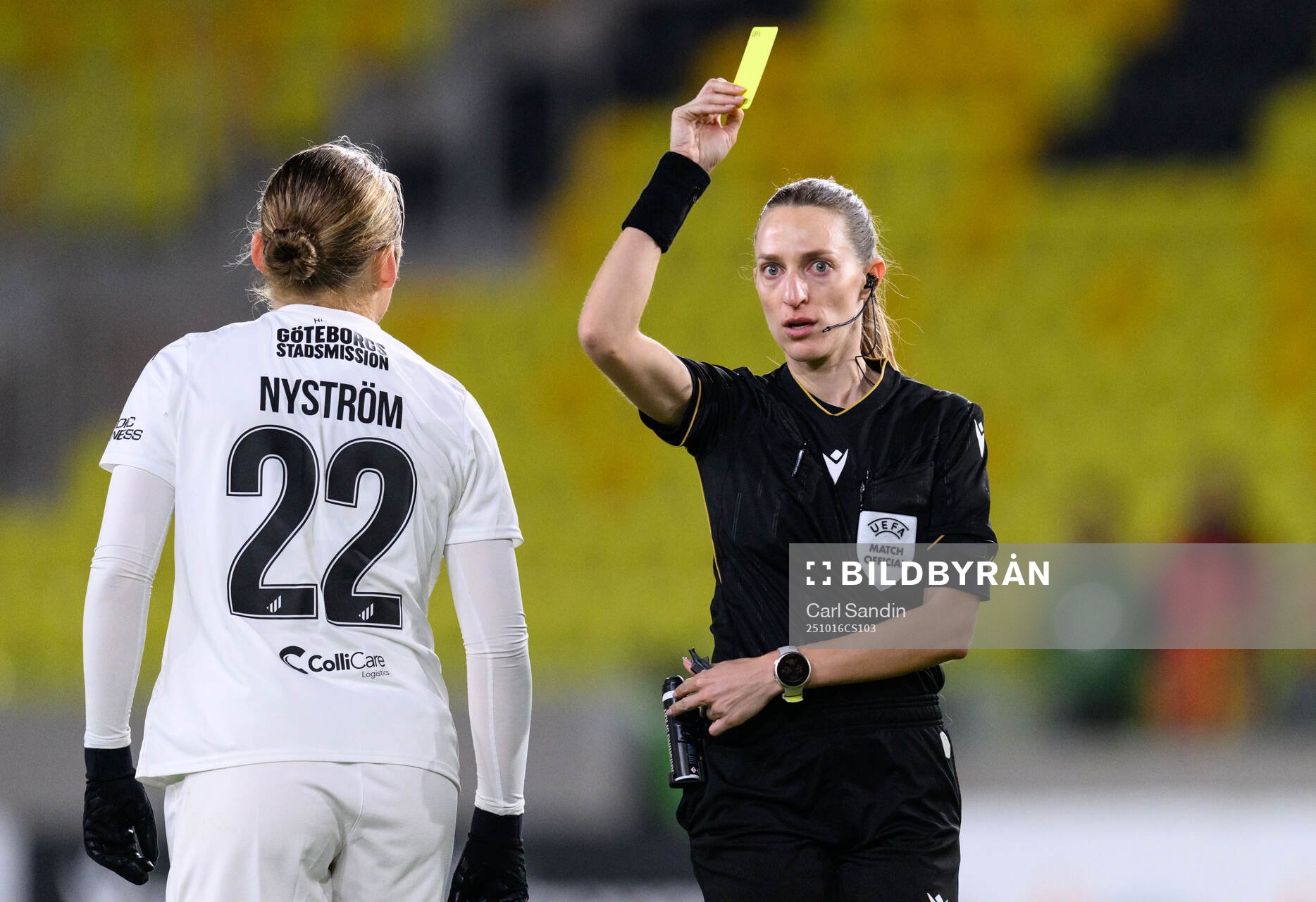 Paulina Nyström of Häcken receives a yellow card from