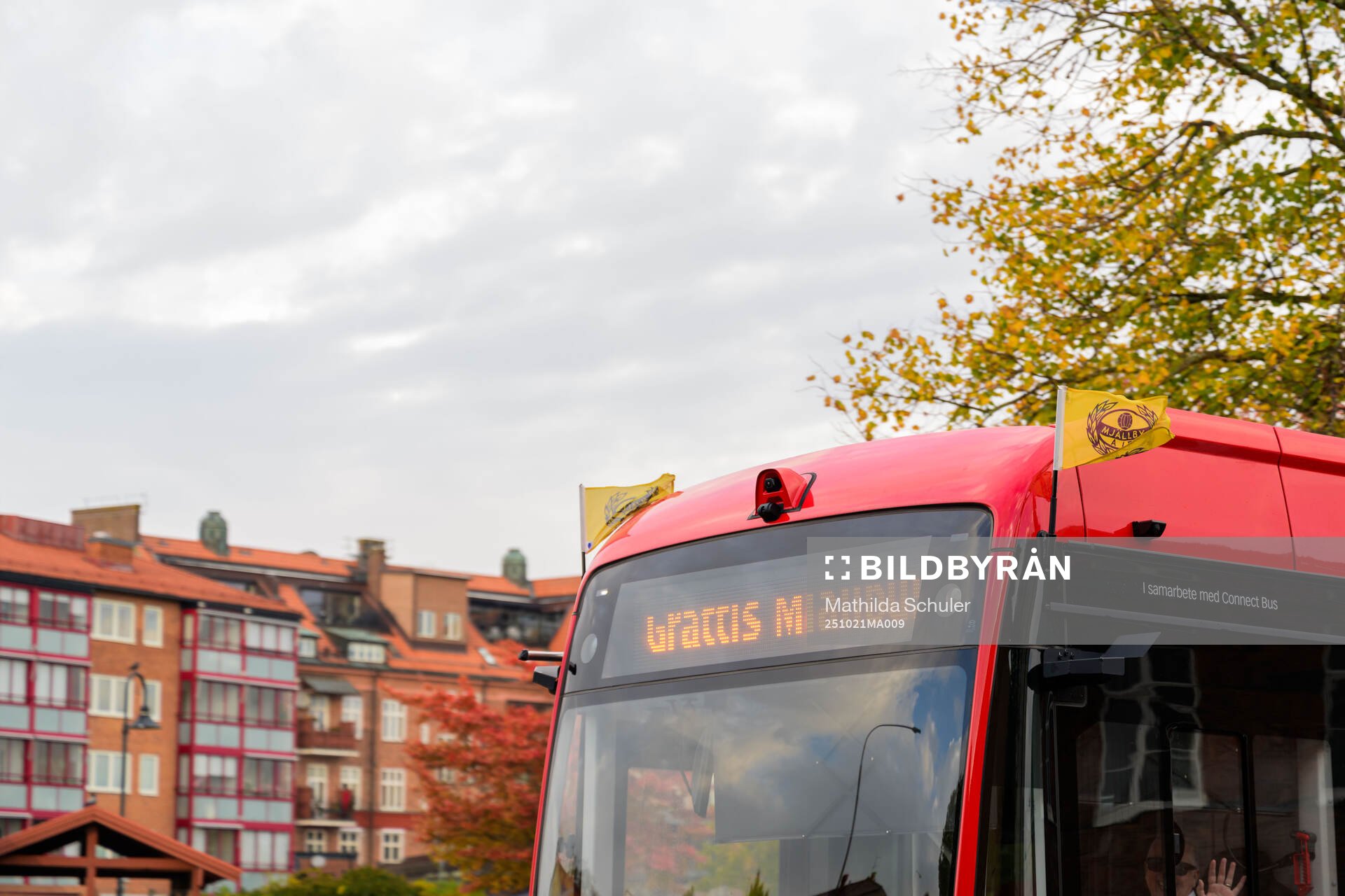 Buss från Blekingetrafiken med Mjällby flaggor