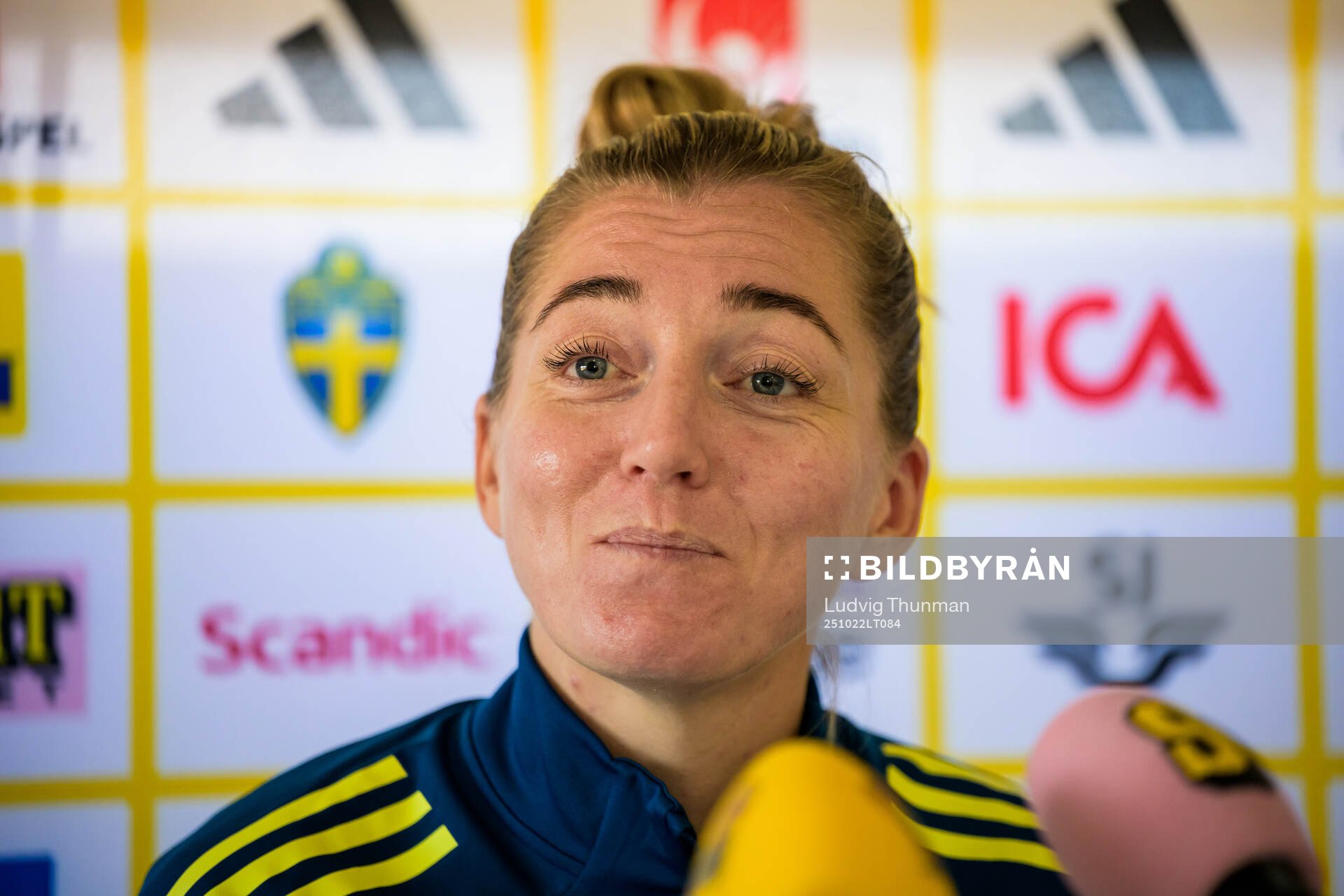 Linda Sembrant is interviewed by the media at a press event