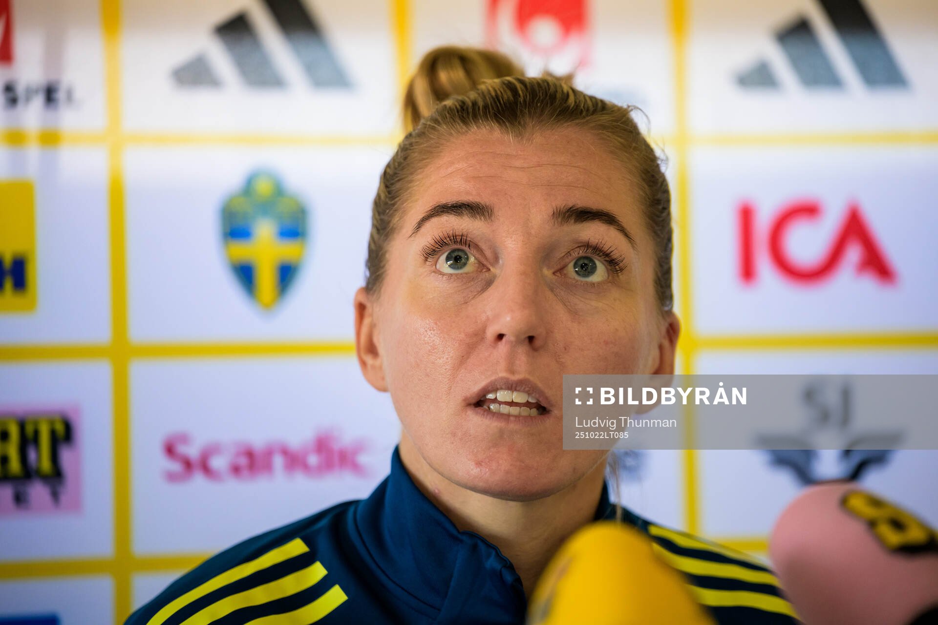 Linda Sembrant is interviewed by the media at a press event