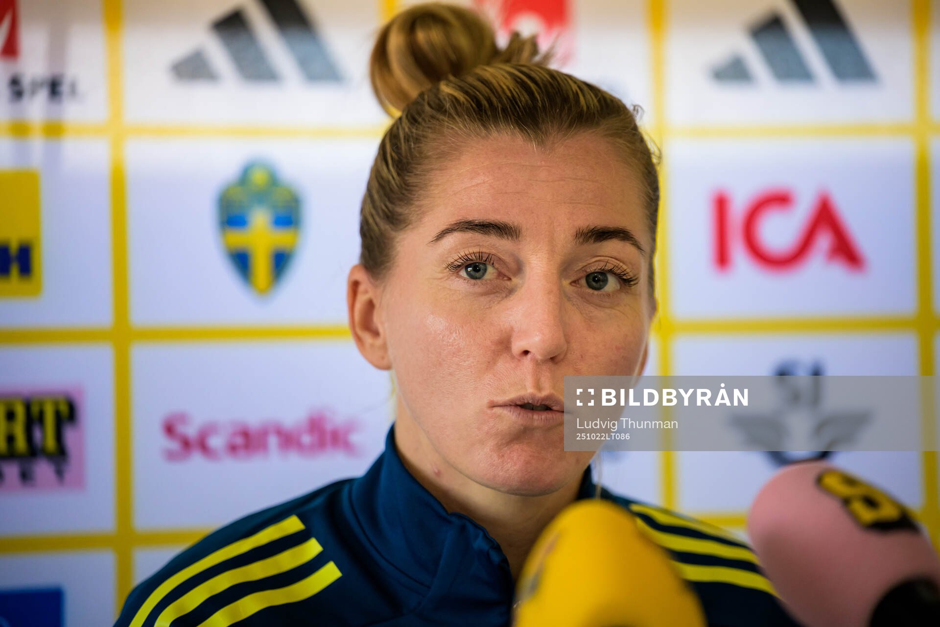 Linda Sembrant is interviewed by the media at a press event