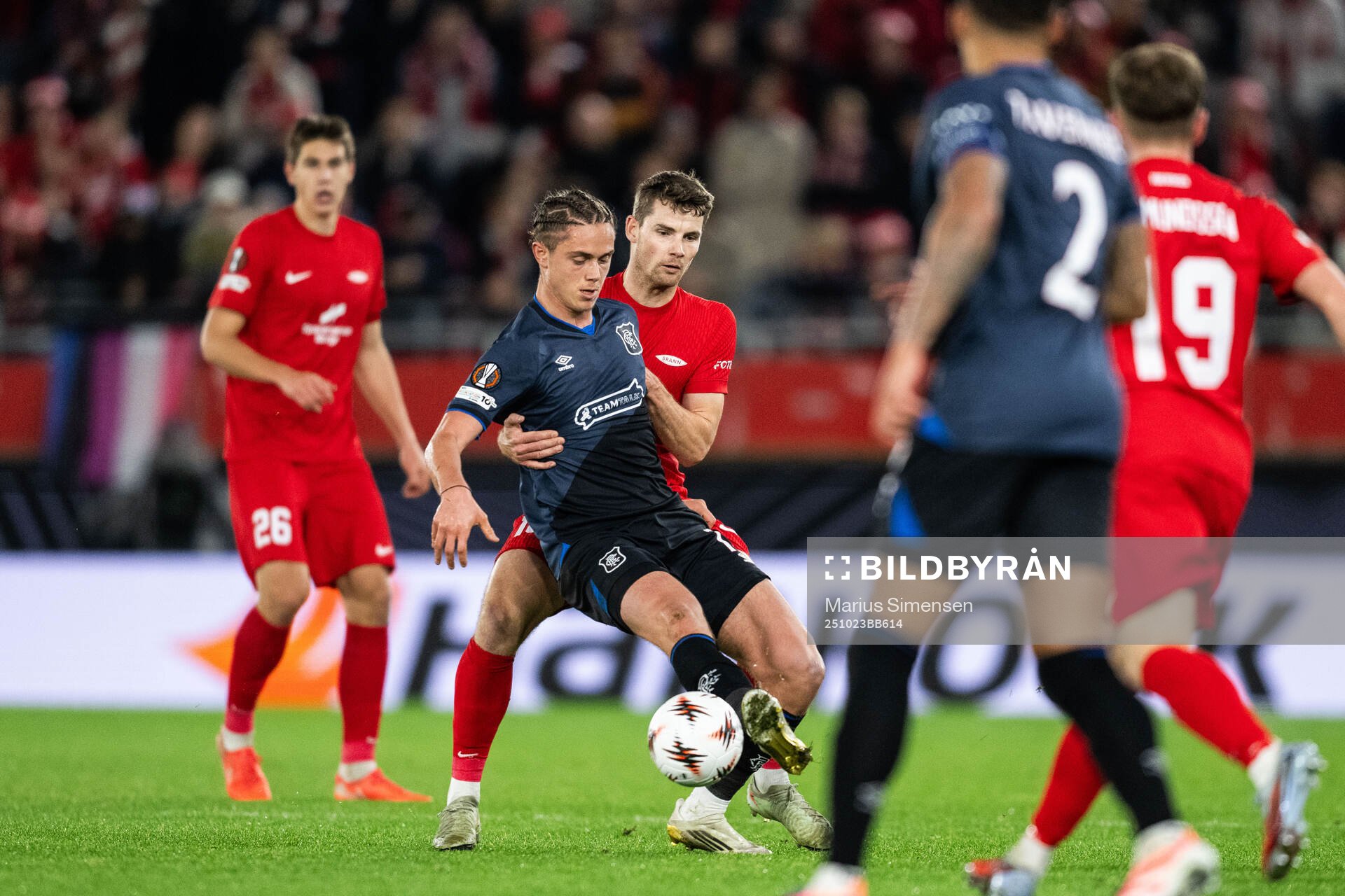 Thelo Aasgaard of Rangers and Jacob Ebsen Sørensen of Brann