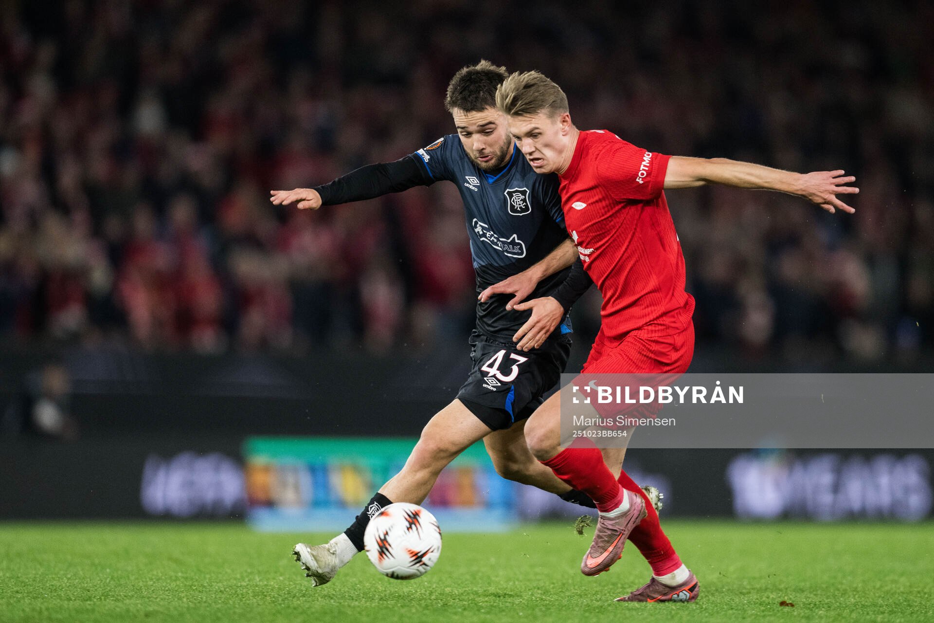 Nicolas Raskin of Rangers and Emil Kornvig of Brann