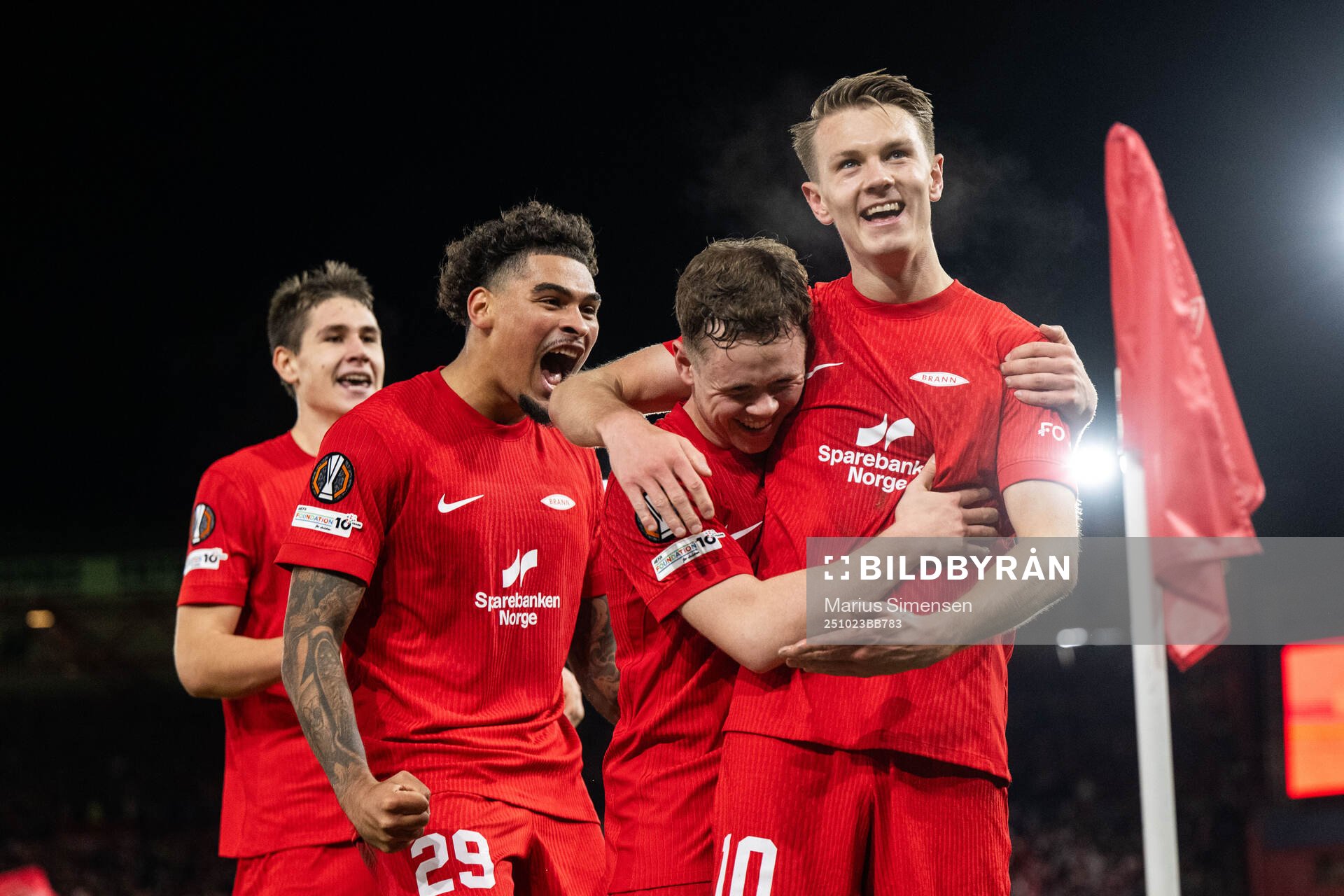 Emil Kornvig of Brann celebrates with Eivind Hellandm, Noah