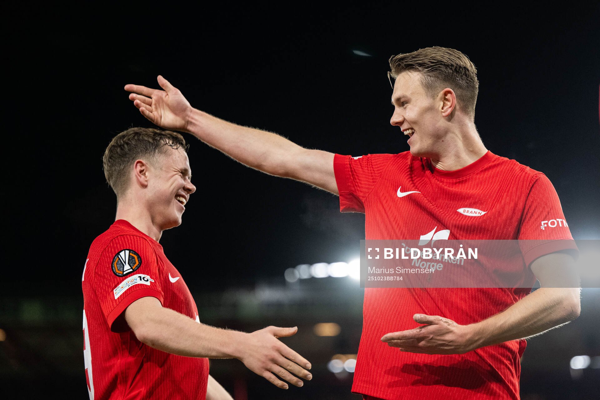 Emil Kornvig of Brann celebrates with Eggert Aron