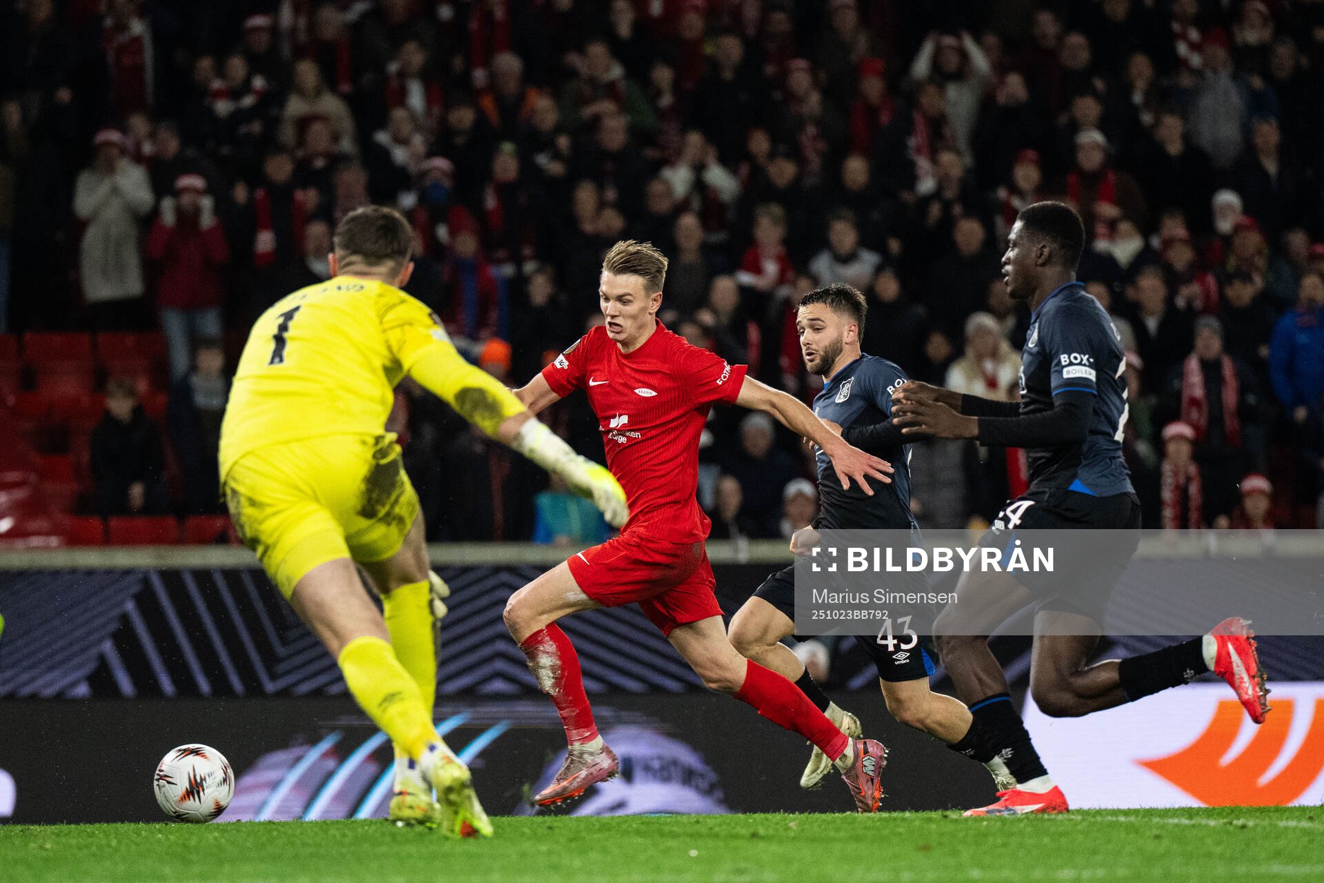Emil Kornvig of Brann scores 1-0 behind goalkeeper Jack