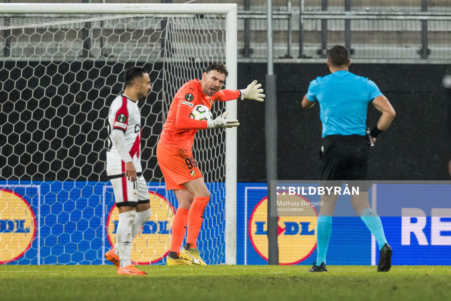 Goalkeeper Etrit Berisha of Häcken reacts against referee
