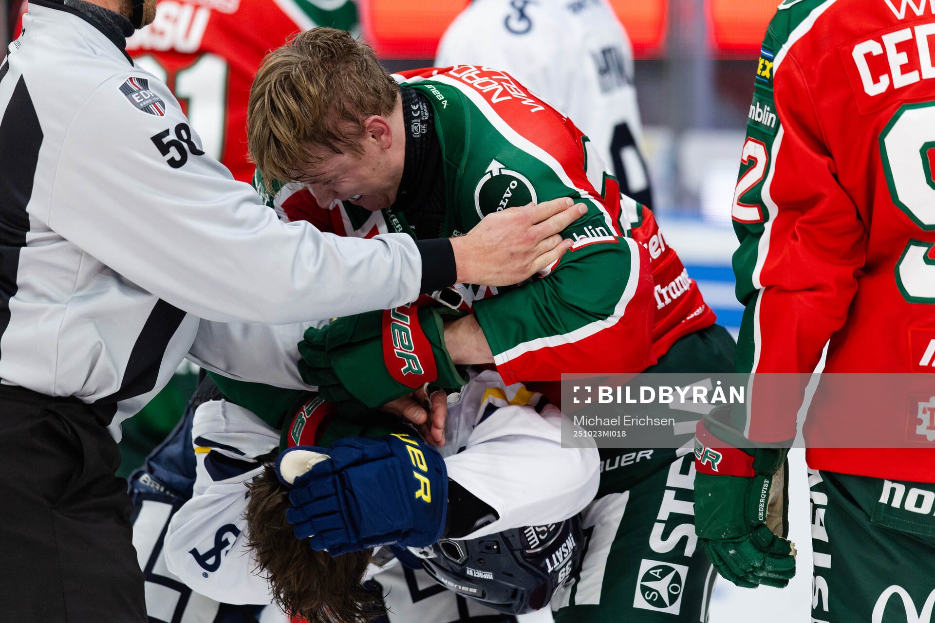 Frölundas Noah Hasa och HV71s Jamiro Reber fightas