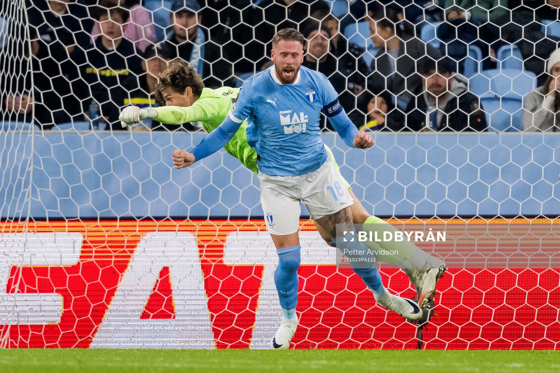 Goalkeeper Melker Ellborg and Pontus Jansson of Malmö FF