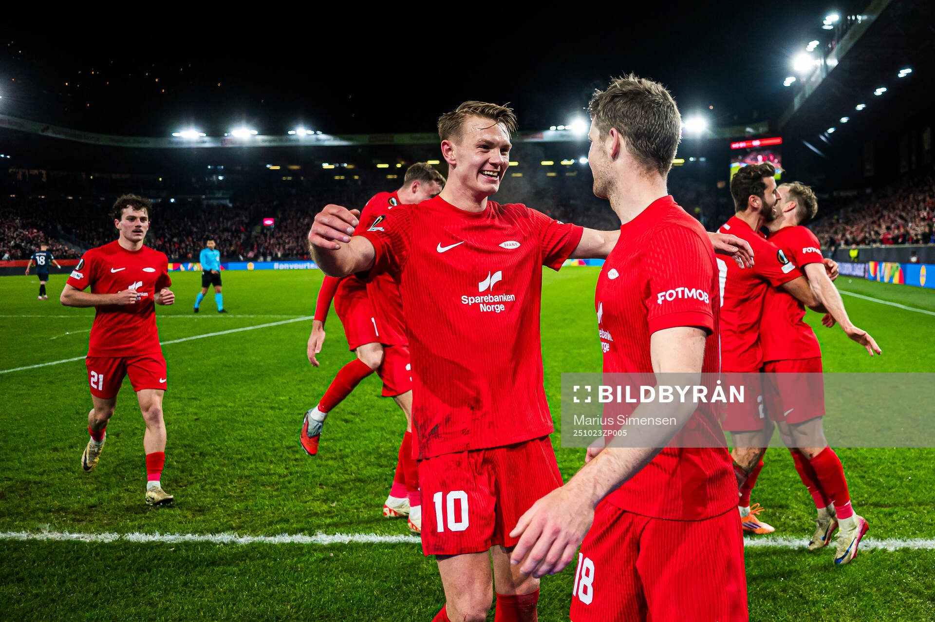 Jacob Ebsen Sørensen of Brann celebrates with Emil Kornvig