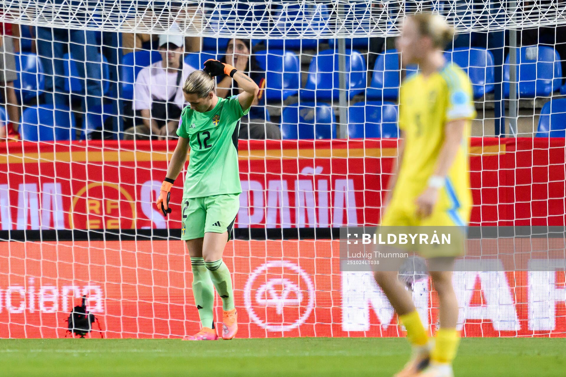 Goalkeeper Jennifer Falk of Sweden looks dejected
