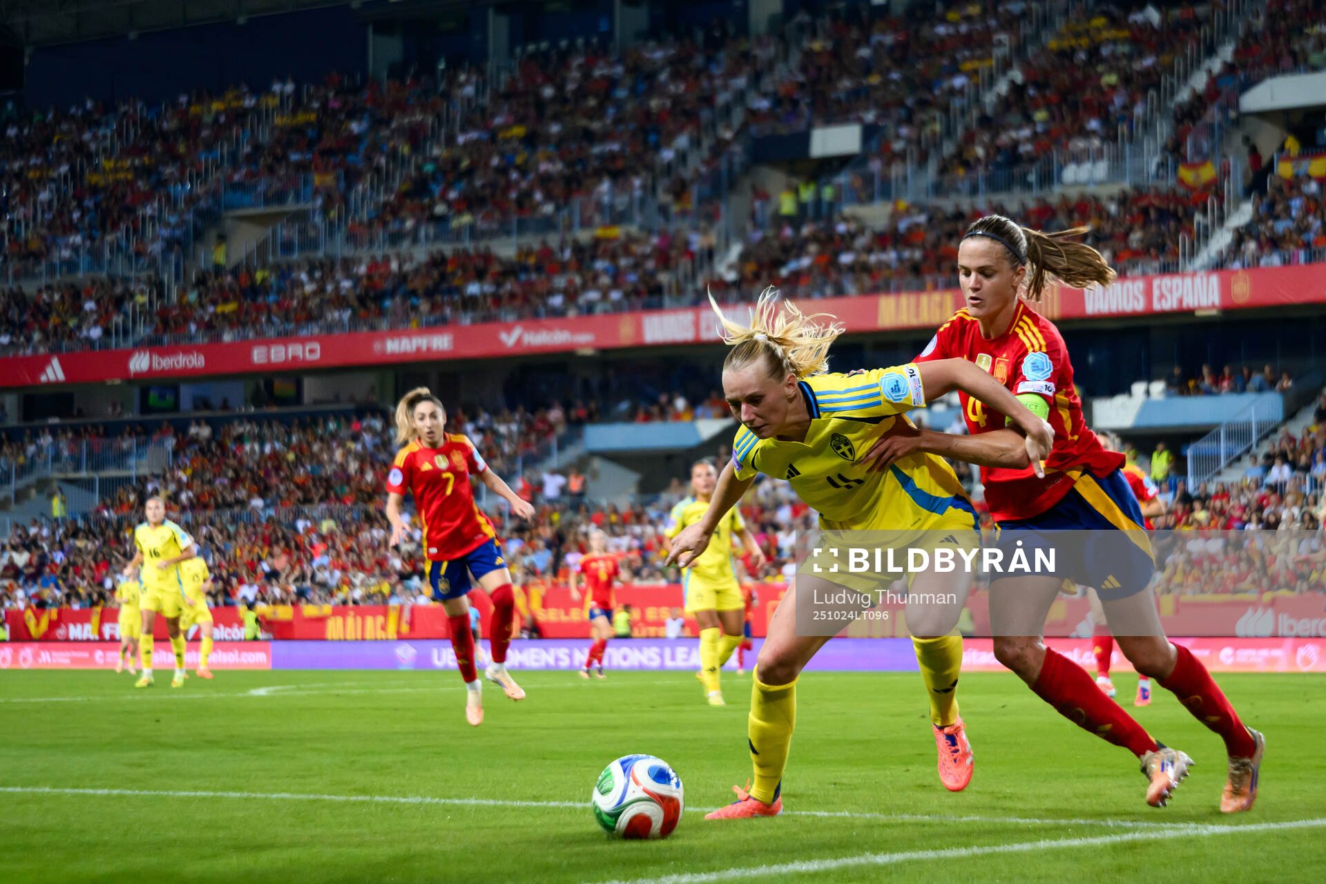 Stina Blackstenius of Sweden and Irene Paredes of Spain