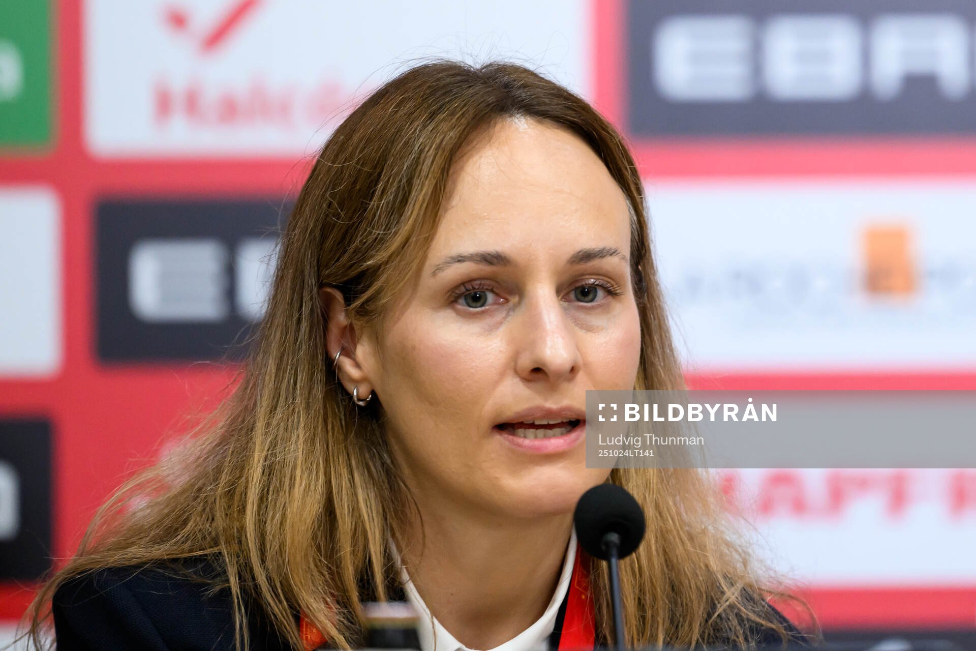 Press officer Lisa Eskils of Sweden at the press conference