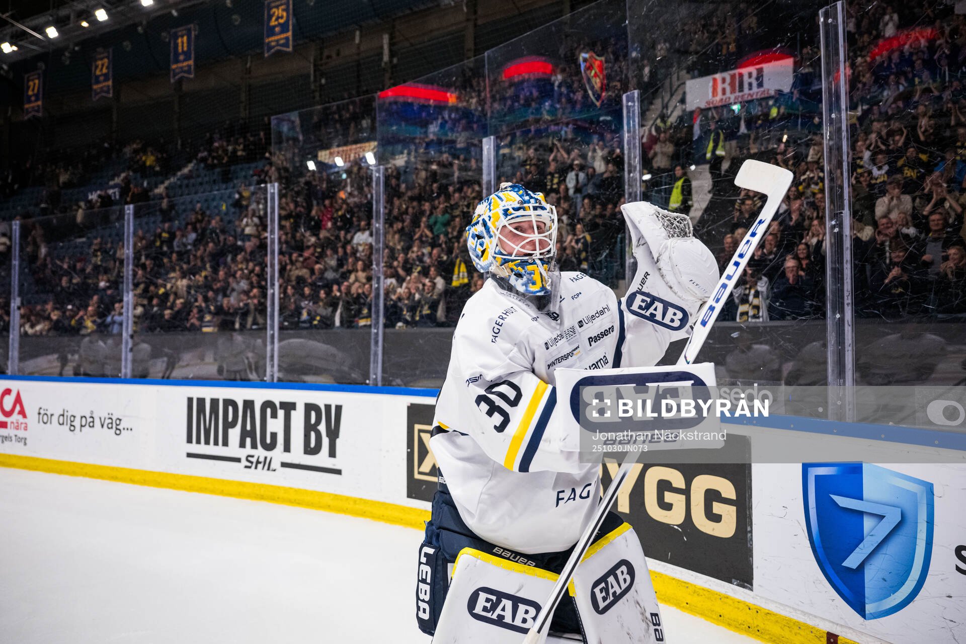 HV71s målvakt Lassi Lehtinen jublar