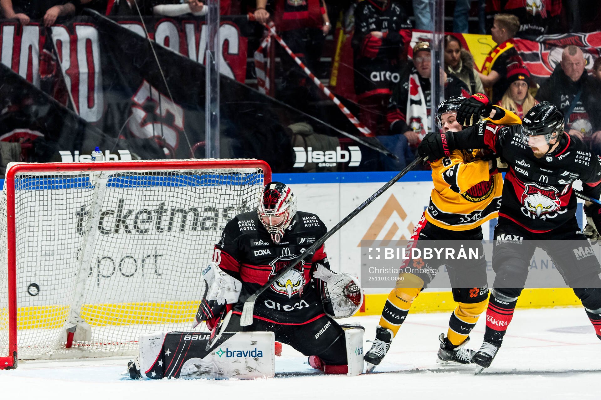 Luleås Isac Hedqvist och Malmö Redhawks målvakt Oskar