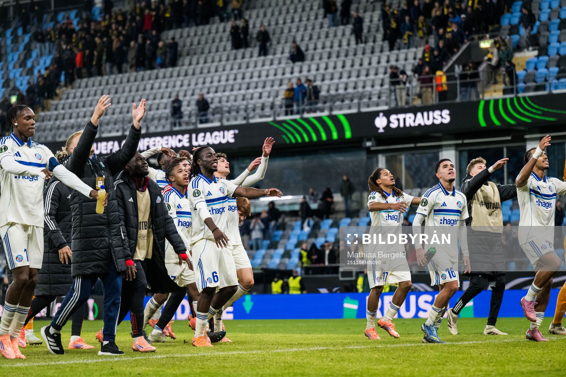 Ismael Doukoure of Strasbourg celebrates with team mates