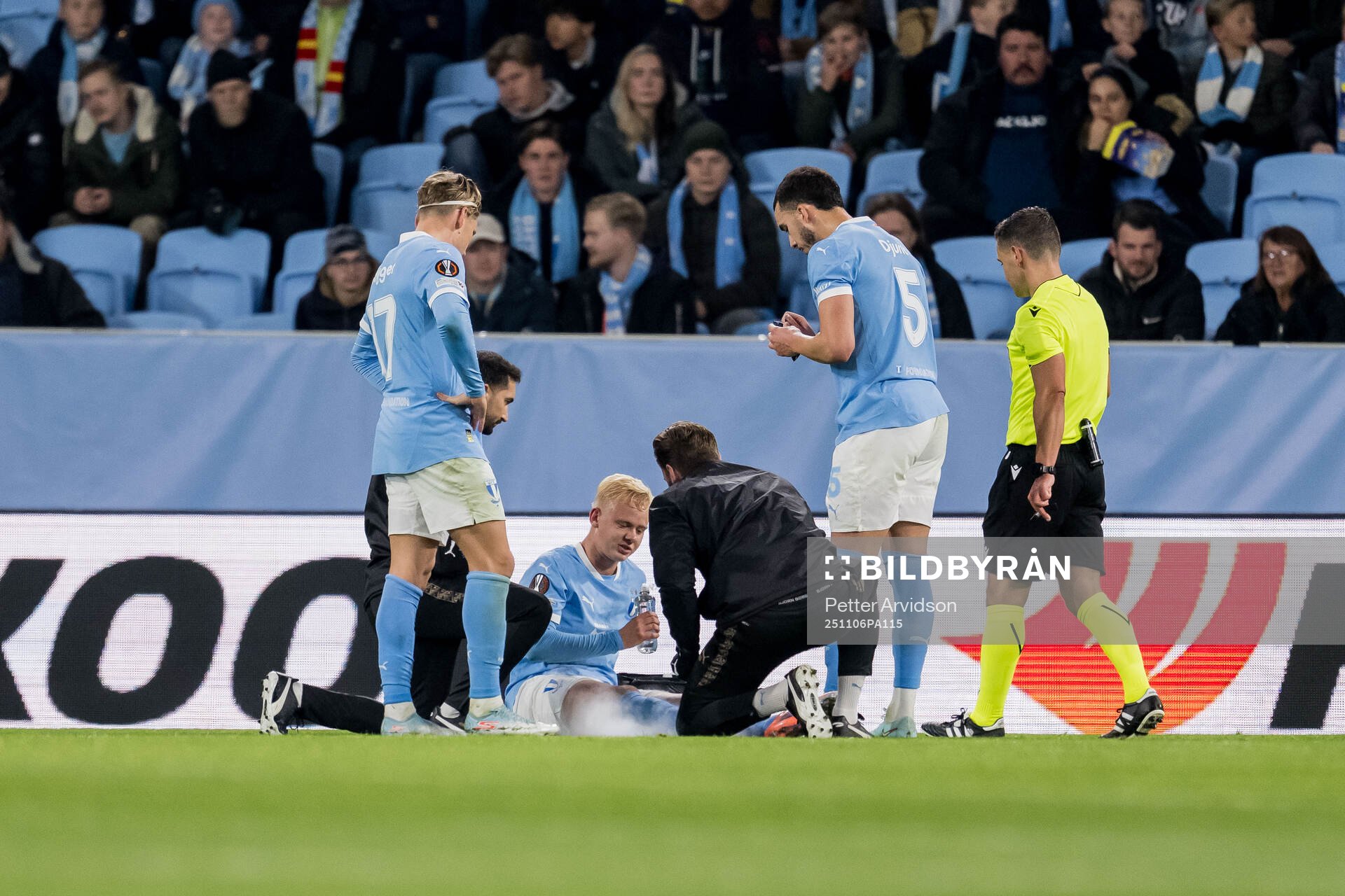 Otto Rosengren of Malmö FF receives medical attention