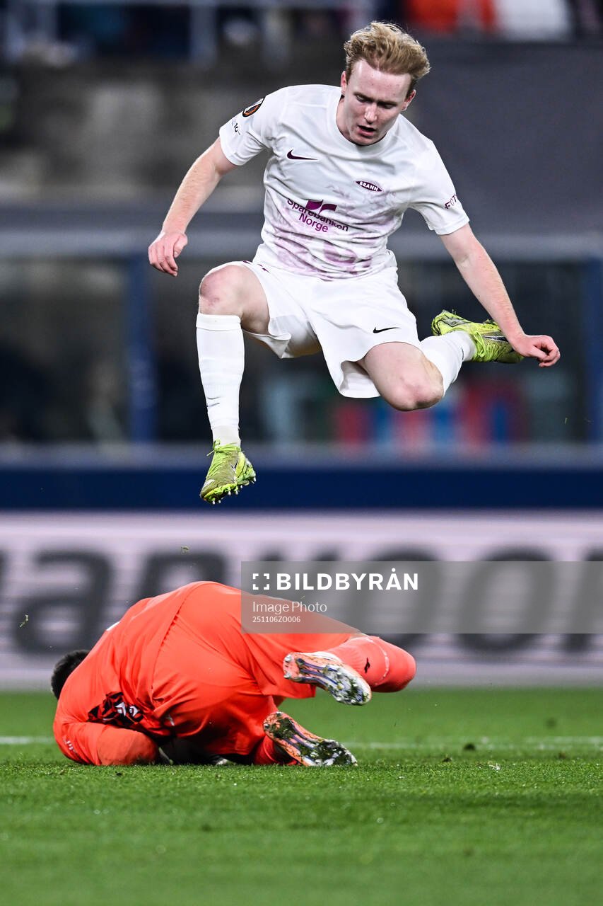 Markus Haaland of Brann and goalkeeper Lukasz Skorupski of