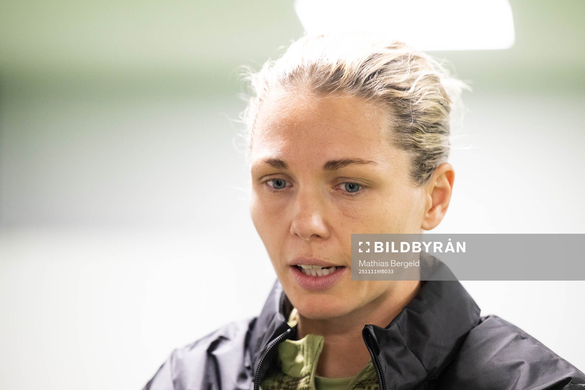 Goalkeeper Jennifer Falk is interviewed