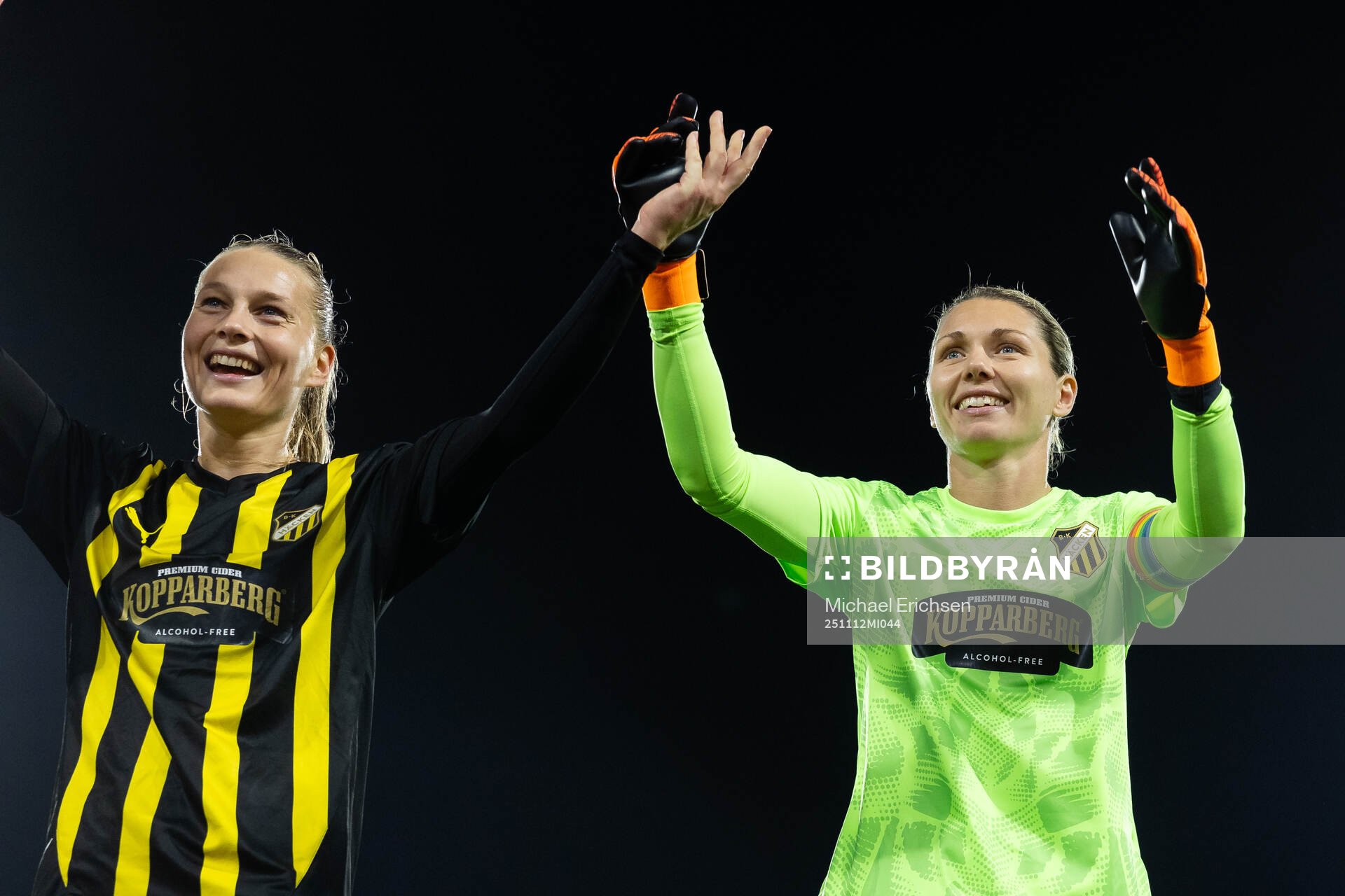 Stine Sandbech and goalkeeper Jennifer Falk of Häcken