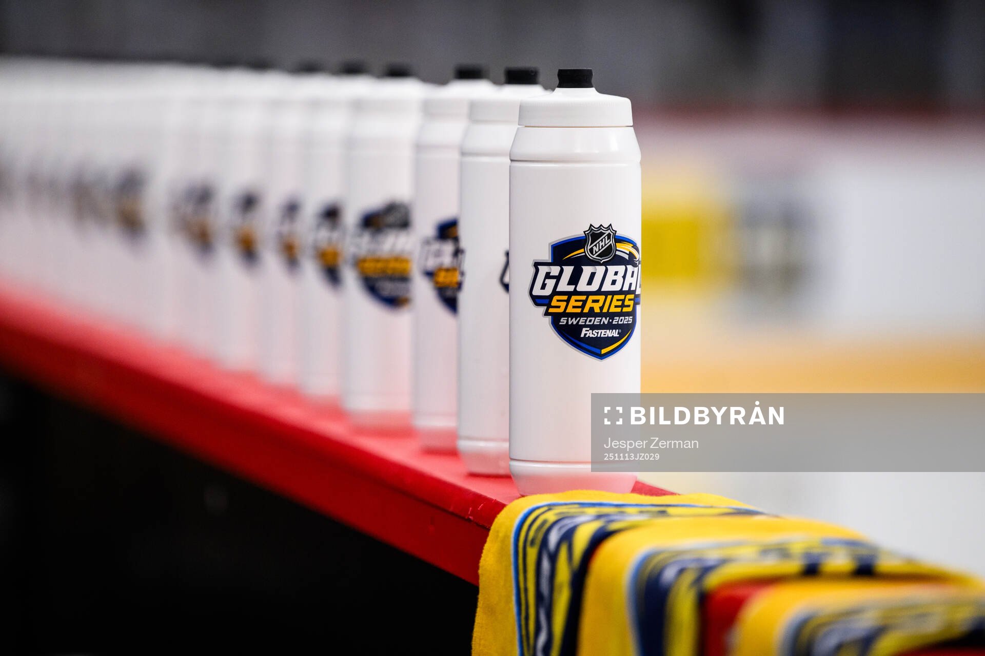 Water bottles with the NHL Global Series logotype
