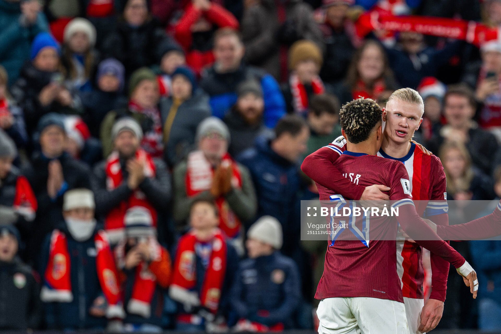 Erling Braut Haaland of Norway celebrates with teammate