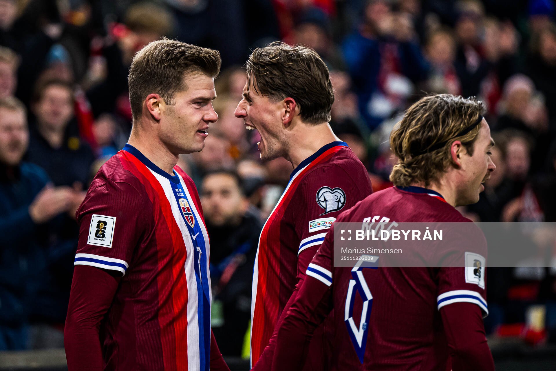 Alexander Sørloth of Norway celebrates with Sander Berge