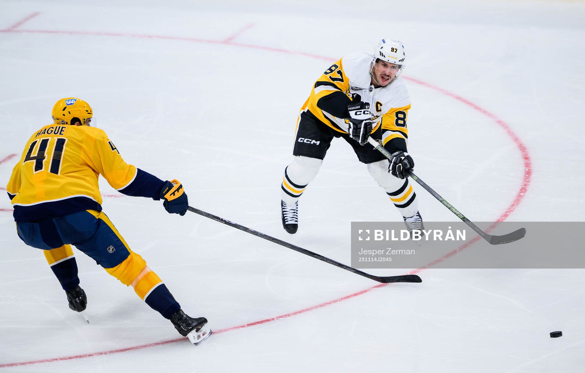 Nicolas Hague of Nashville Predators and Sidney Crosby of