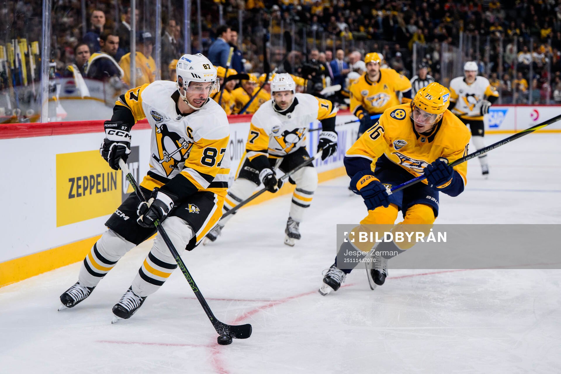 Sidney Crosby of Pittsburgh Penguins and Brady Skjei of